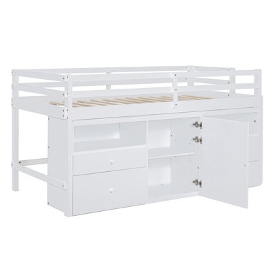 Lit mezzanine simple avec 4 tiroirs, sous l'armoire et les tablettes, blanc