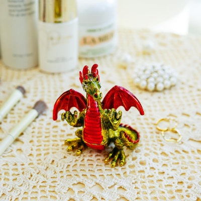 Cute Red Pterosaur Trinket Boxes Hinged Crystal Jeweled Dinosaur Animal Figurines Jewelry Display Ring Holder Box