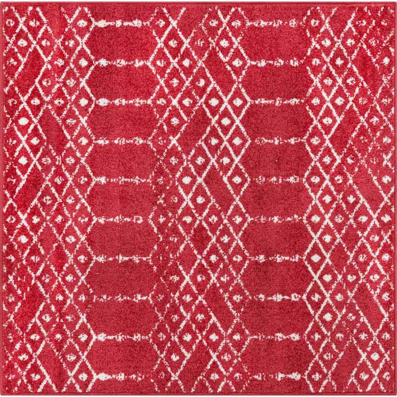 Tapis abstrait en polypropylène tissé à la machine rose framboise Brissa, Carré 4 pi
