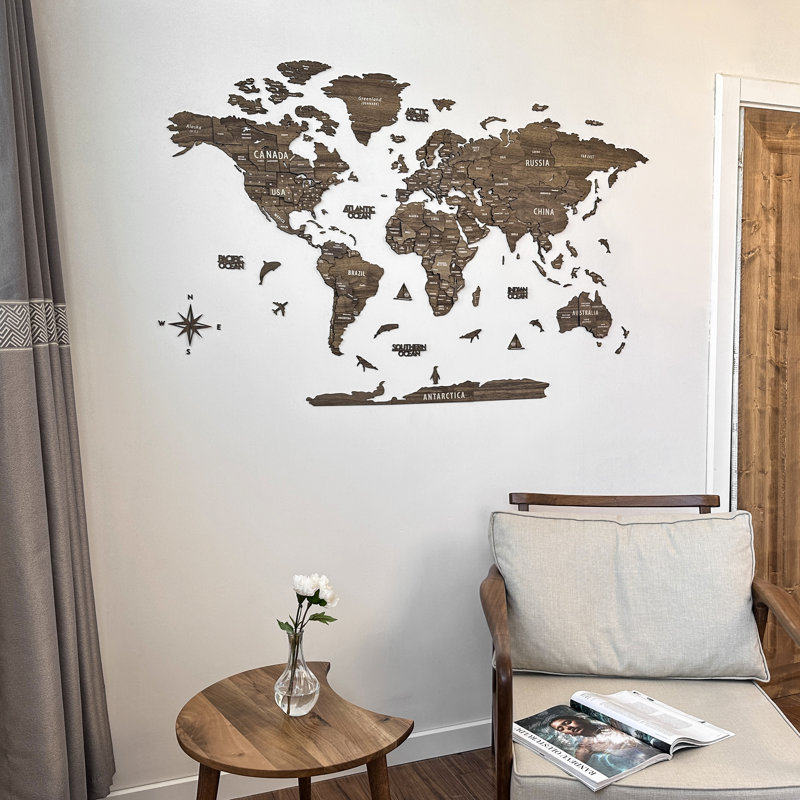 3D Wooden World Map Wall Art – Push Pin World Map Décor, Multisize Wooden Wall Map, 78.7" H x 41.1" W x 0.2" D, Dark Brown