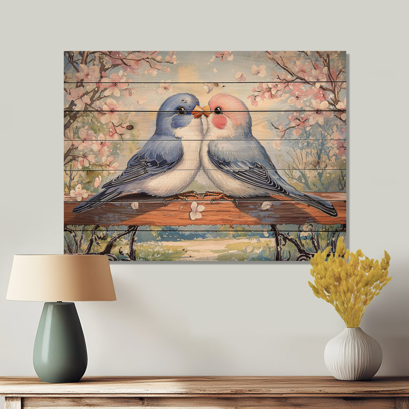«Love Birds Springtime Blooms II», art mural en bois d'oiseau sur bois de pin naturel, H 30 po x l 40 po