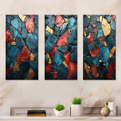 «Blue and Red Marble Elegance I», ensemble de 3 impressions sur toile marbrées abstraites