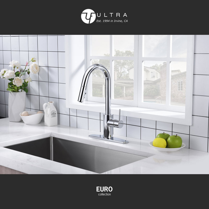 Euro Collection High-Arc Single Handle Kitchen/Bar Faucet with 2-Function Pull-Down Spout Sprayer - Chrome Polished