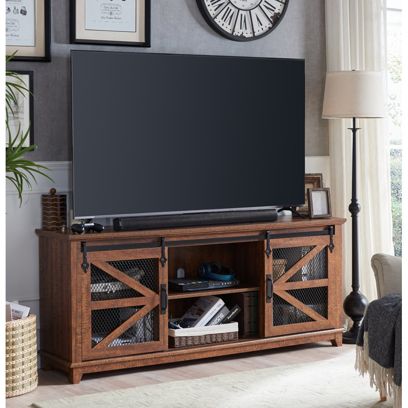 Castilla Farmhouse TV Stand for TVs up to75",Wood TV Media Console with 2 Sliding Barn Door and Adjustable Shelf