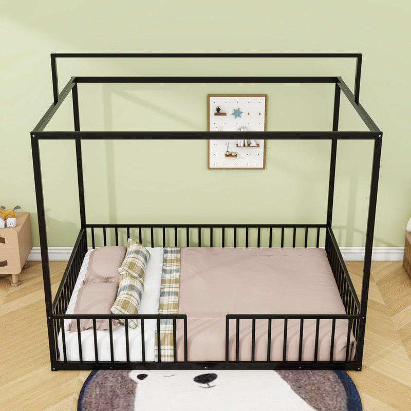 Metal Platform Bed With House-Shaped, Black, Full