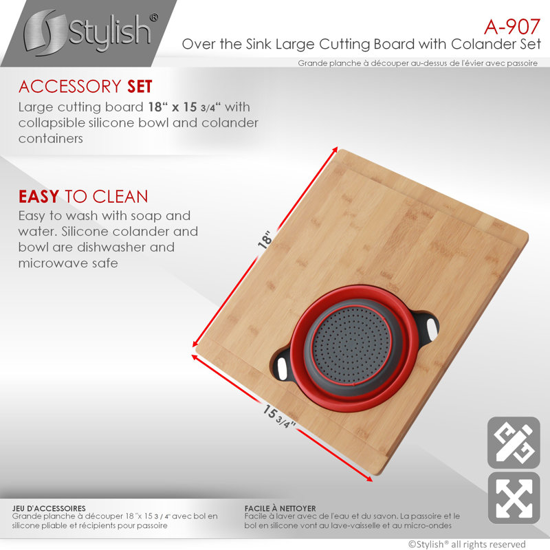 STYLISH Core Bamboo Over the Sink Cutting Board with Collapsible Bowl and Collander