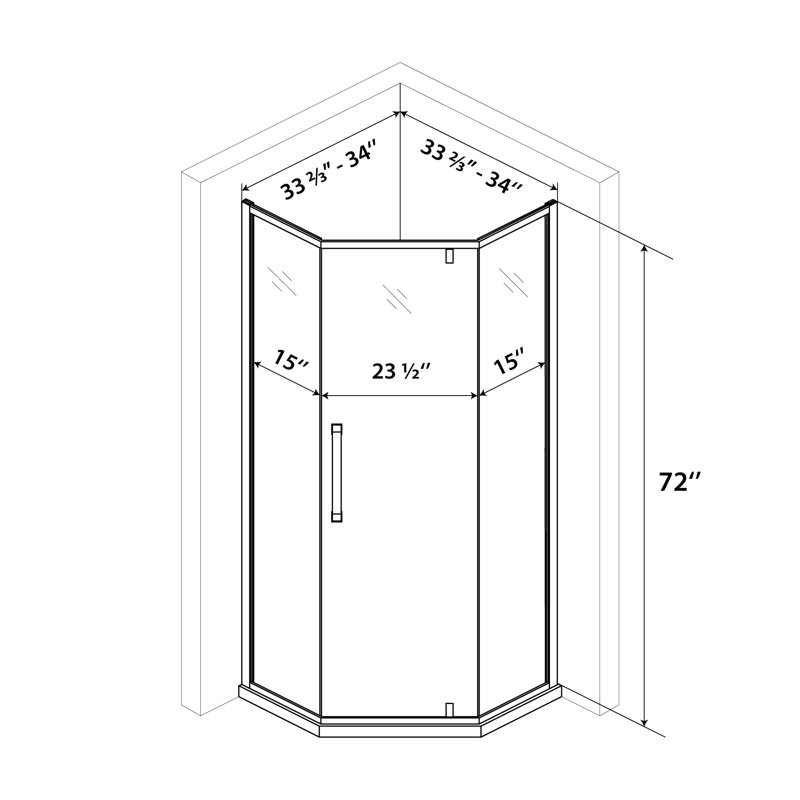 Porte de douche pivotante en verre trempé l 34 po x H 72 po, Chrome