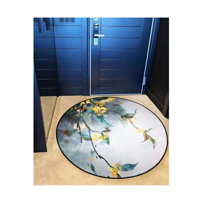 Gray Themed Flower Patterned Round Woven Base Modern Decorative Carpet