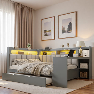Upholstered Daybed With Storage Shelves, Trundle, Charging Station, Led Light And Desk