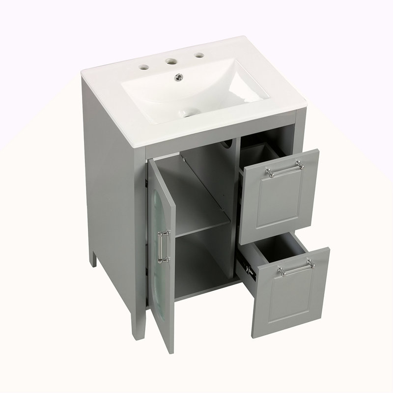 Meuble-lavabo 24 po avec lavabo, meuble-lavabo avec deux tiroirs et porte, tablette réglable, bois massif et panneau de fibres à densité moyenne