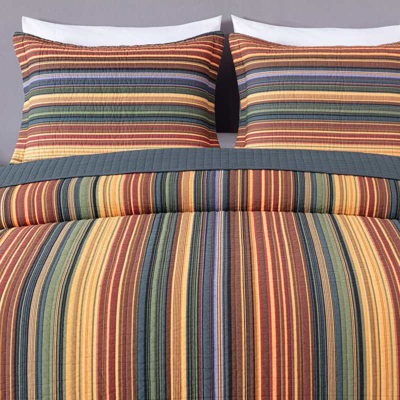 Queen Multi-Color Striped Cotton Reversible Quilt Set