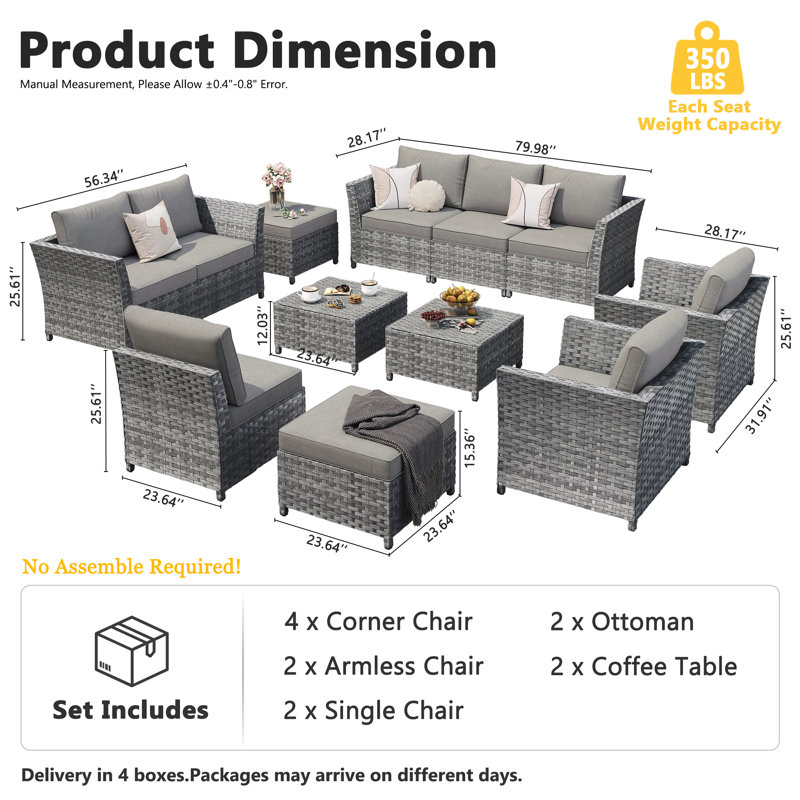 Ensemble de conversation d'extérieur pour 8 personnes avec coussins et table de foyer d'extérieur Briela, Non, Gris