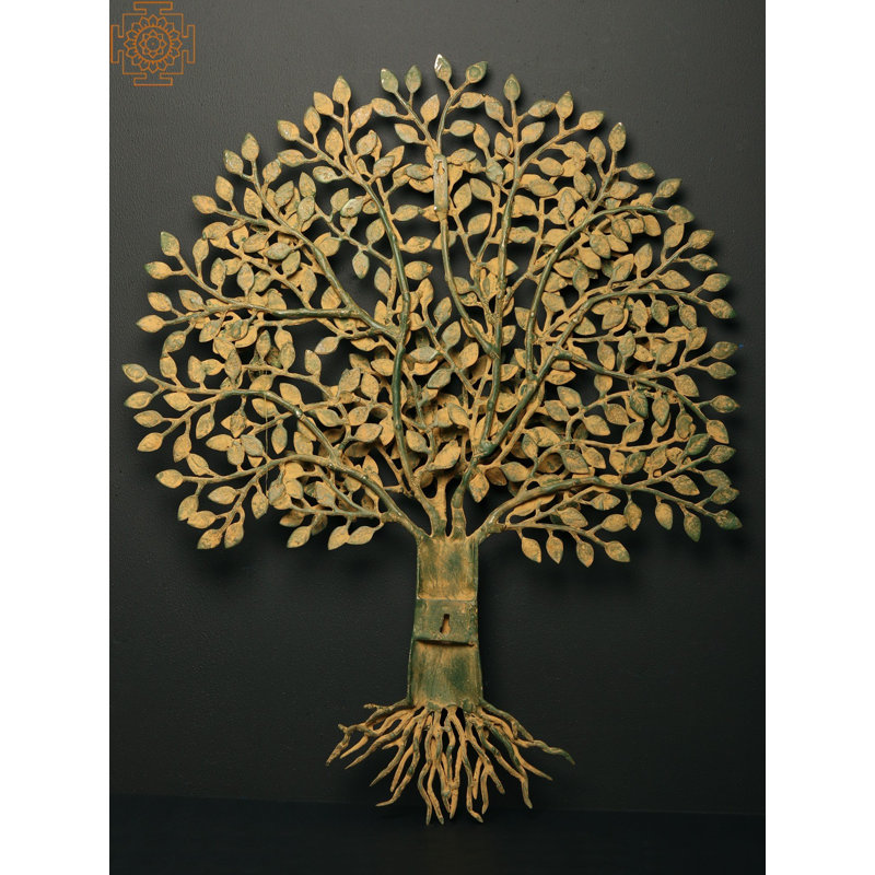 Arbre de vie, art mural en métal - grande suspension murale en laiton 27 po avec finition patine dorée verte, sculpture murale faite à la main