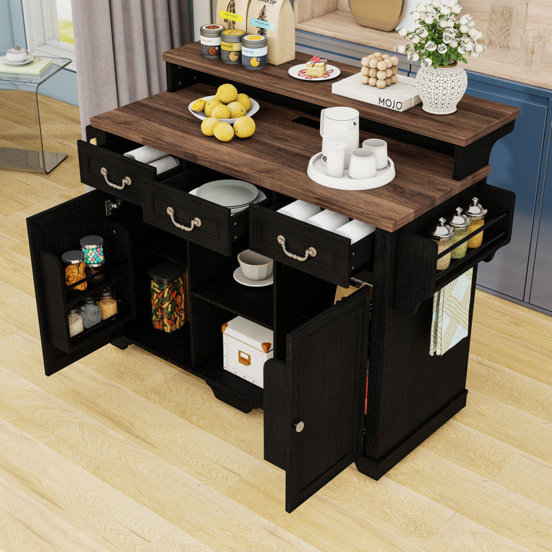 Two-Tier Rolling Kitchen Cart with Adjustable Shelves, Power Outlet and Bar Counter, Ash Black