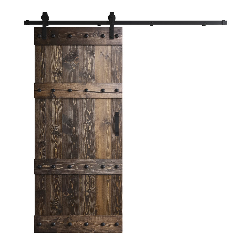Porte de grange à panneaux en bois avec ensemble de quincaillerie d'installation, 36 po x 84 po, Café Kona