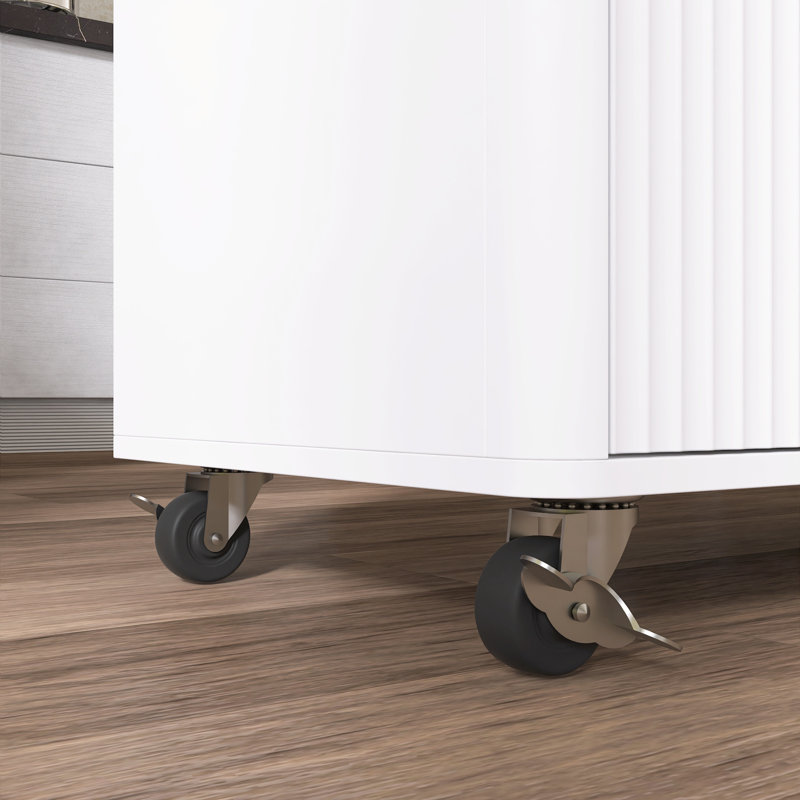 Fluted Rolling Kitchen Island Drop Leaf Power Outlet 2 Doors 2 Drawers, Brown, White