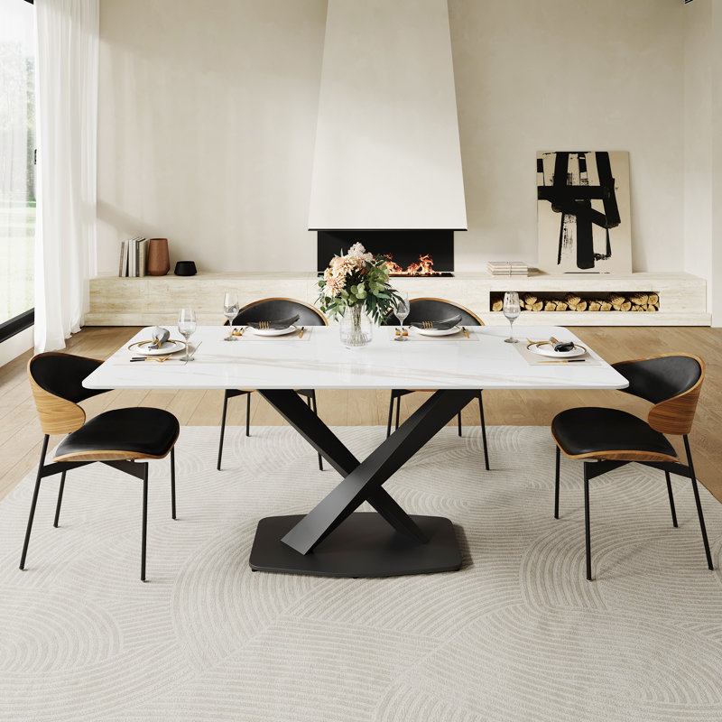71" Modern Retangular Dining Table for 4-6, Glossy White Faux Marbke Table top, X-Shaped Stainless Steel Legs, Black