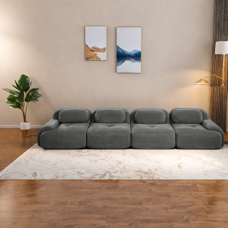 Canapés gris confortables à 4 places, velours côtelé doux, sans assemblage modulaire, pour la maison et le bureau
