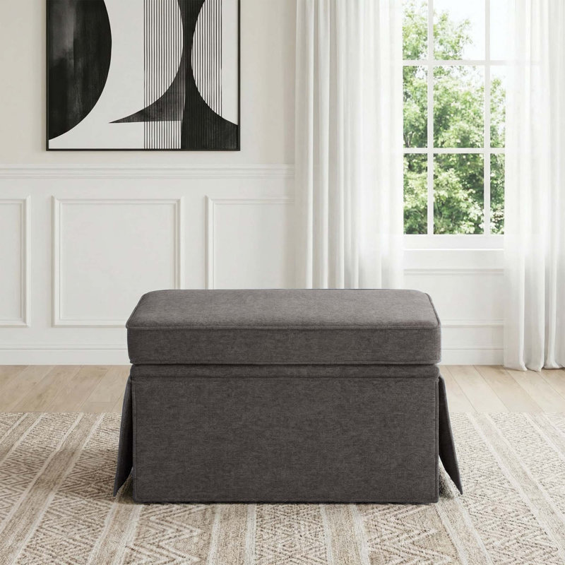 Upholstered Tan Skirted Rectangular Storage Ottoman with Lift-Top, Tan Chenille