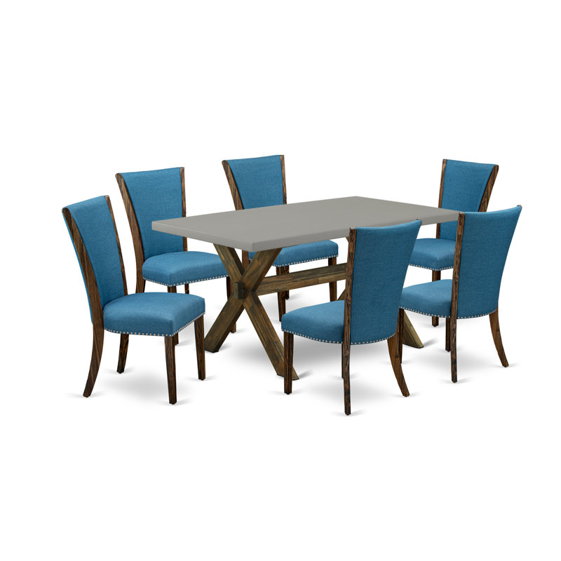 L'ensemble de salle à manger 6 pièces comprend une table de salle à manger rectangulaire avec des pieds en X et 4 chaises Parson en tissu bleu bébé avec un banc, finition en lin blanc
