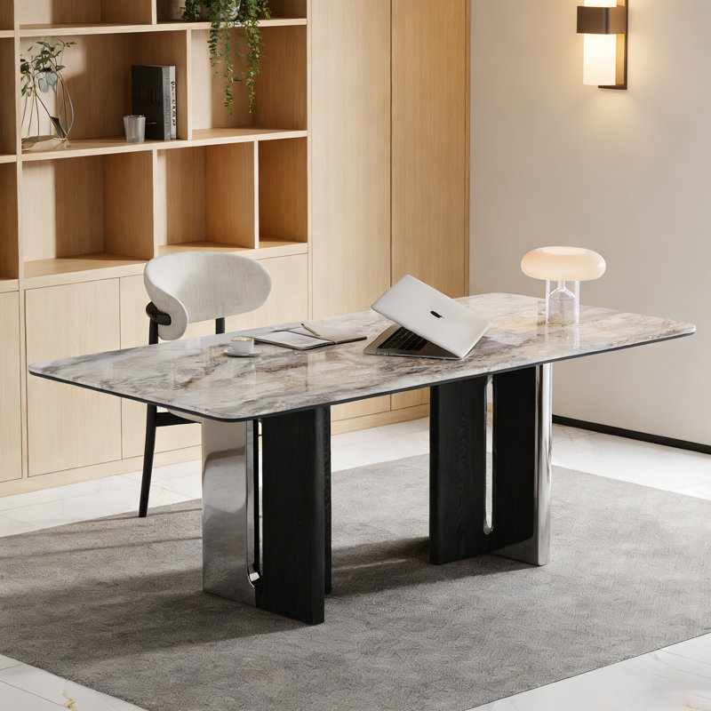 Bureau moderne 79 po - Plateau en faux marbre et pieds en placage de bois massif pour bureau / bureau