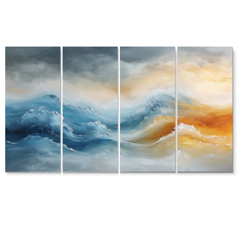 «Dream Blue Coastal Waves Trbulence II» - art mural bleu - ensemble d'art mural moderne, H 32 po x l 64 po, 4