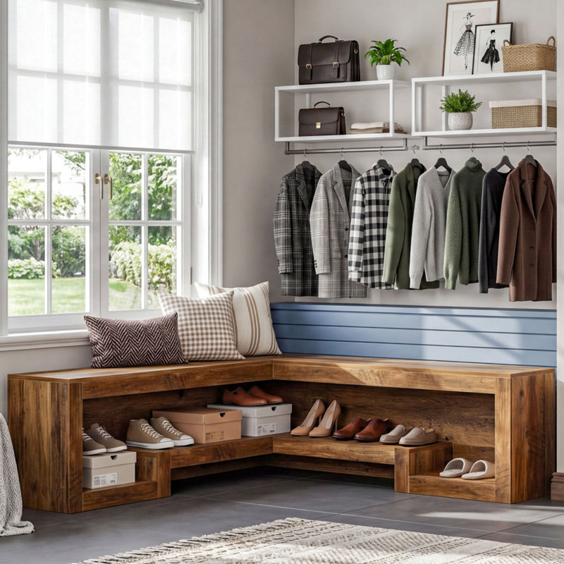 L-Shaped Corner Bench With Storage For Entryway Living Room, 55.1-Inch Wooden Breakfast Nook Bench