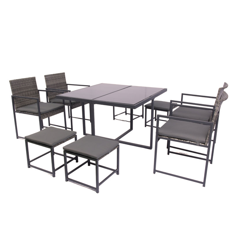 Ensemble de 9 chaises de patio d'extérieur avec plateau de table en osier gris et coussin gris foncé
