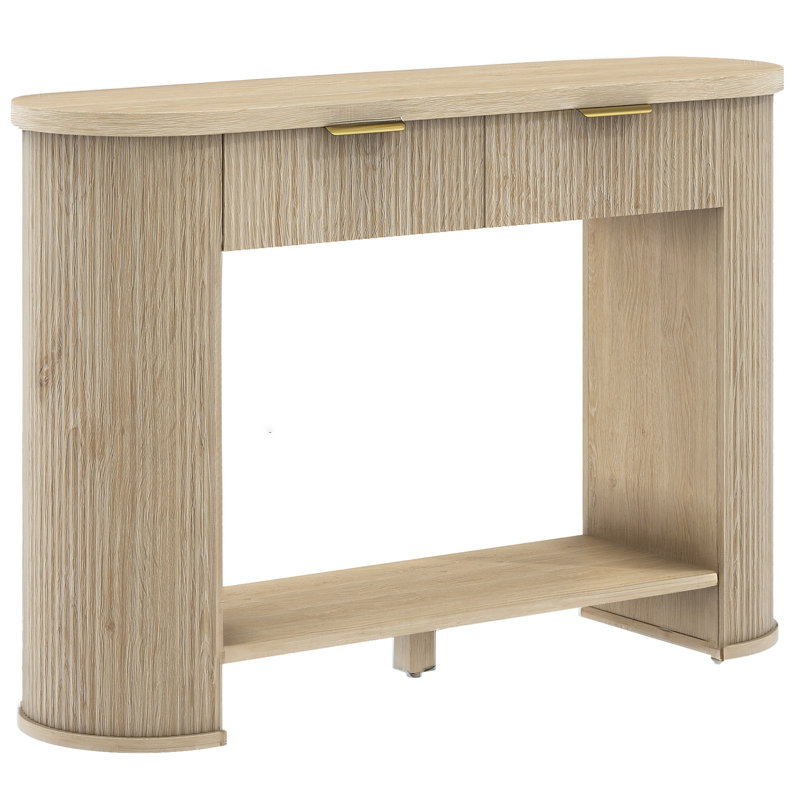 Fluted Console Table with Drawers and Open Shelf Semicircular Entryway Table in Oak Finish, Rounded Corners, Sturdy Wood Design