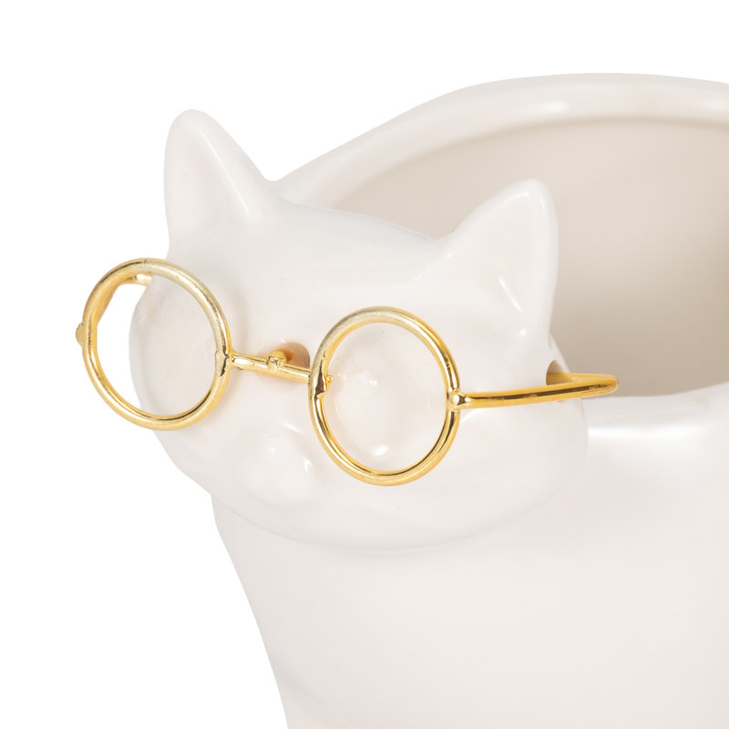 Scarbrough Kitty Trinket Tray, White and Gold Ceramic Jewelry Holder and Organizer, 6" H x 6" W x 4" D