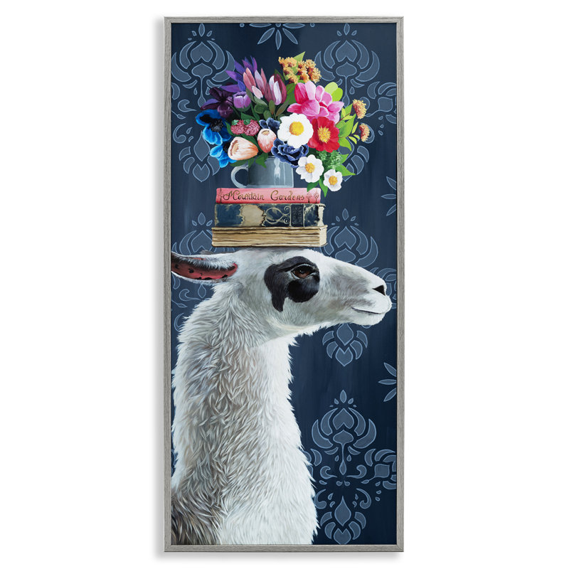Lama avec livre et composition florale, estampe numérique, conception de Heather Gauthier, H 24 po x l 10 po