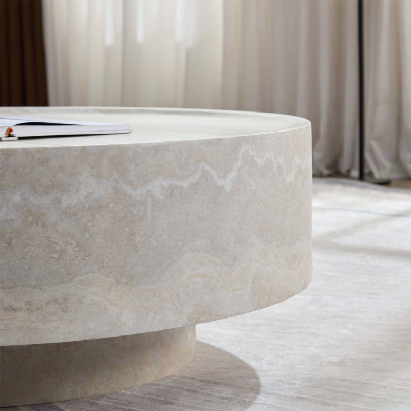 Table basse en fibre de verre avec finition pierre naturelle beige, durable et élégante pour les intérieurs modernes