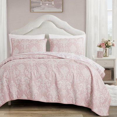 Ensemble de couvre-lit élégant en polycoton rose matelassé ， grand