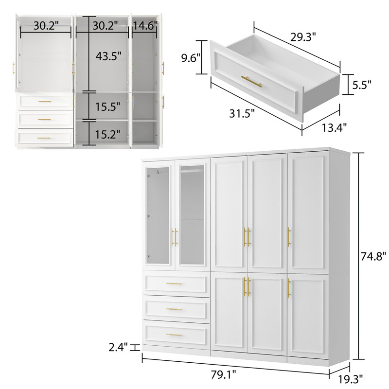 Radmil Armoire: 8-Door White Wardrobe with Gold Handles