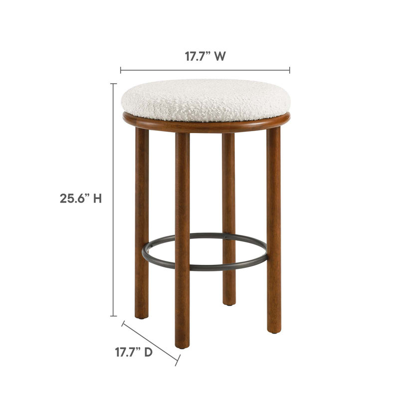 Walnut Ivory Backless Boucle Counter Stools with Wood Legs