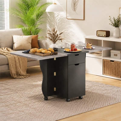 Folding Drop Leaf Dining Table with Storage and Lockable Wheels, Gray