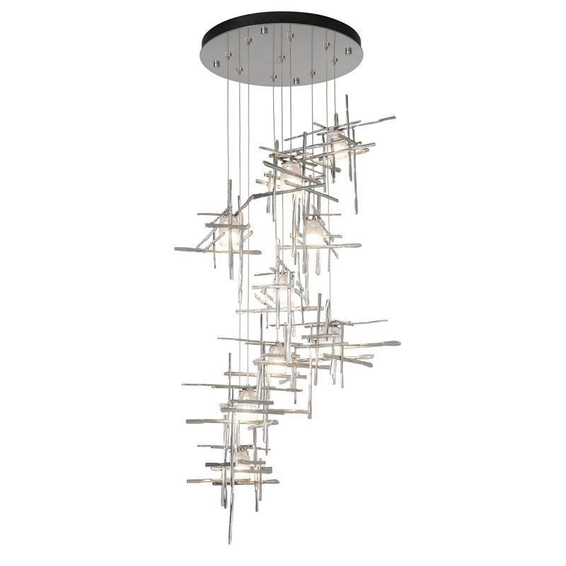 Tura 9-Light Glass Round Pendant, Seeded Clear, 30" - 130", Sterling