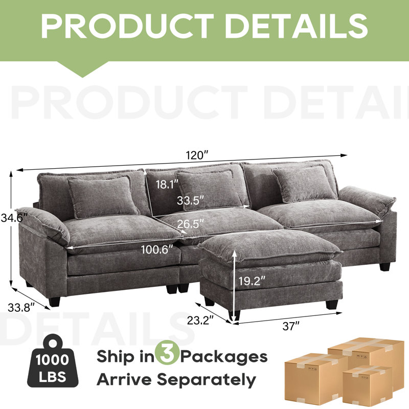 Canapé modulaire 120 po Comfy Cloud, Chenille gris pâle