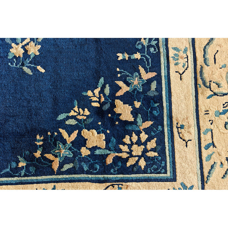 Classic Blue Color Floral Medallion Design Antique Peking Chinese Rug