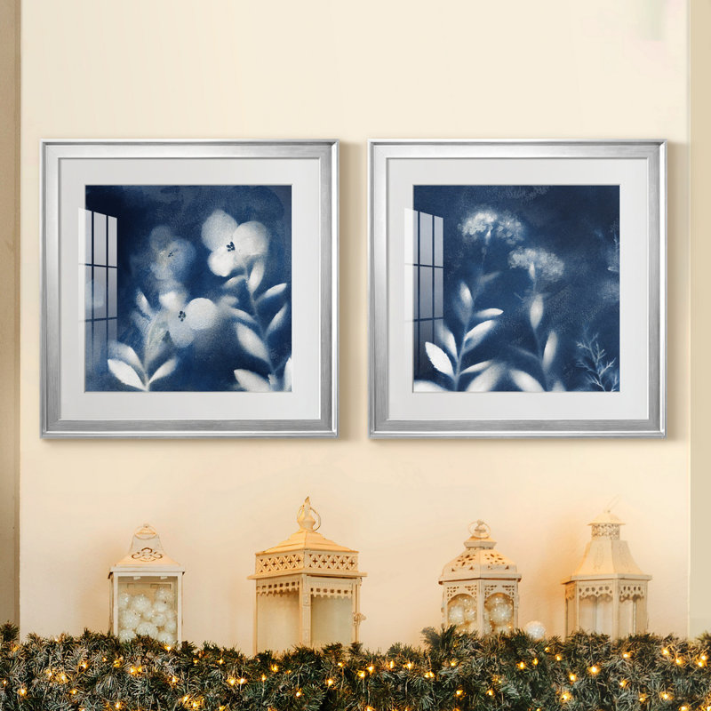 «Nature's Indigo I», ensemble de 2 reproductions d'art encadrées, Blanc, H 17,5 po x l 35 po x P 1,5 po