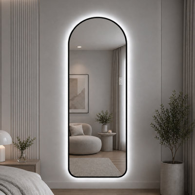 Miroir arqué pleine longueur à DEL, 65 po x 24 po x 0,98 po, cadre en aluminium et verre, miroir mural 1 pièce, noir, rétroéclairé surdimensionné avec éclairage 3 couleurs à intensité variable