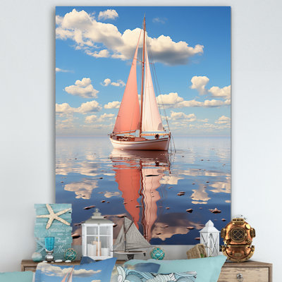 Voilier rose, nuage blanc, coucher de soleil, réflexion I sur toile