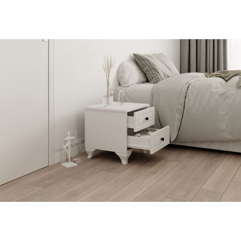 Table de chevet moderne avec poignée en métal, finition blanc mat, 17,7 po x 17,7 po x 15,7 po | Panneau de particules 100% mélamine de qualité E1, facile à assembler avec le système Minifix | Rangement élégant et fonctionnel pour la chambre à co