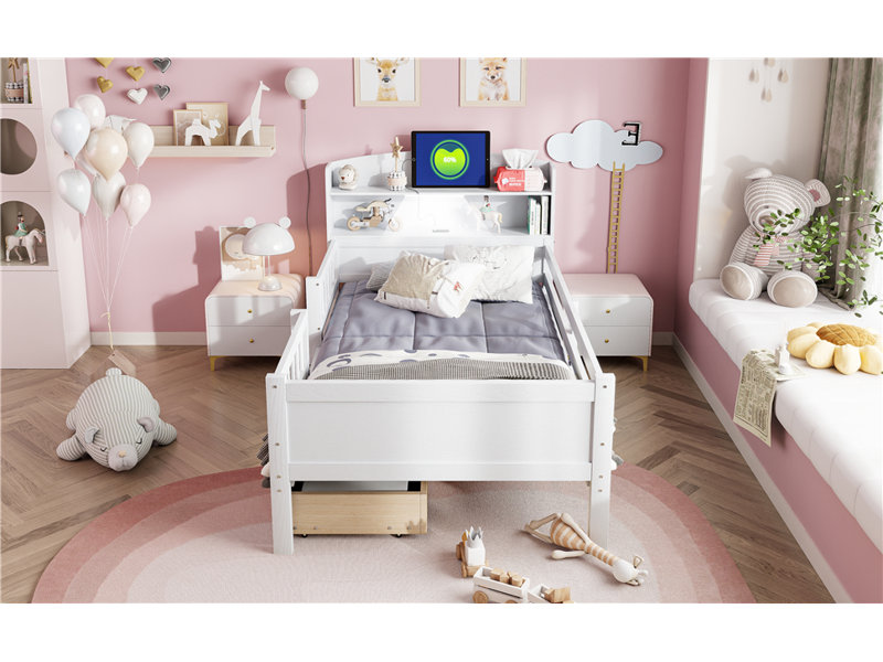 Lit plateforme simple en bois avec tête de lit multifonctionnelle, éclairage, garde-corps et rangement, blanc