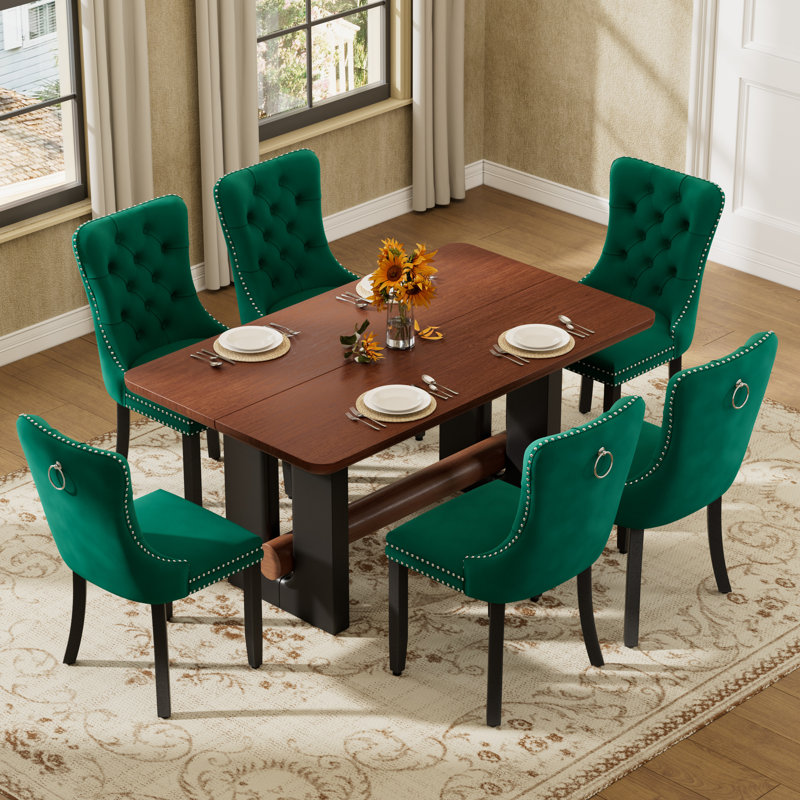 Ensemble de table de salle à manger moderne en noyer avec chaises en velours 4/6, bois aggloméré et bois massif pour les petits espaces