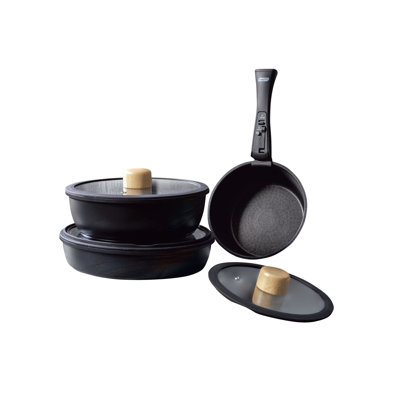 Premium 9-Piece Aluminum Pot Set with Ceramic Coating, Induction Base | Includes 18 cm & 22 cm Pots with Glass Lids, Removable Handle, Stackable Design | Oven & Microwave Safe, PFOA-Free, Ergonomic Black Finish