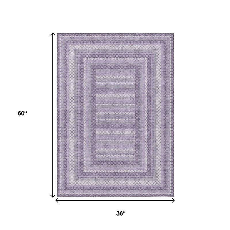 3' X 5' Lavender And Ivory Geometric Washable Indoor Outdoor Area Rug