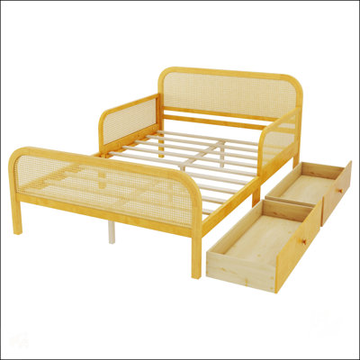 Lit double en rotin pour enfants avec 2 tiroirs de rangement, tête et pied de lit, finition bois naturel