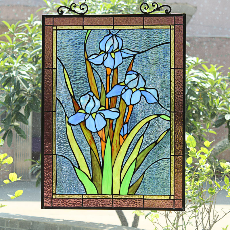 Panneau de fenêtre floral bleu iris Tiffany