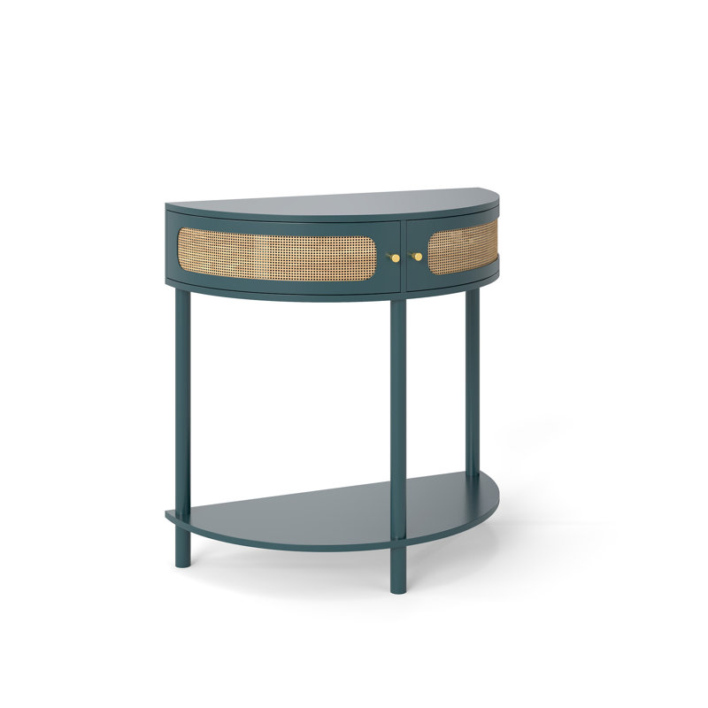 Unique Half Moon Design End Table With Sliding Rattan Door